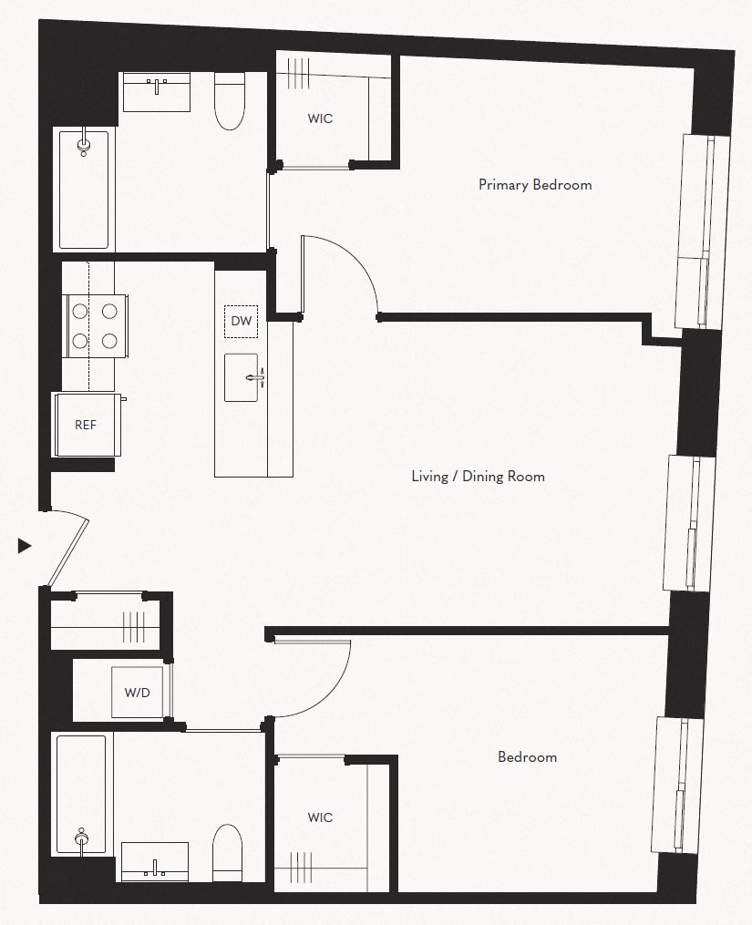 Floor plan for 2 beds, 2 baths, 929 sqft